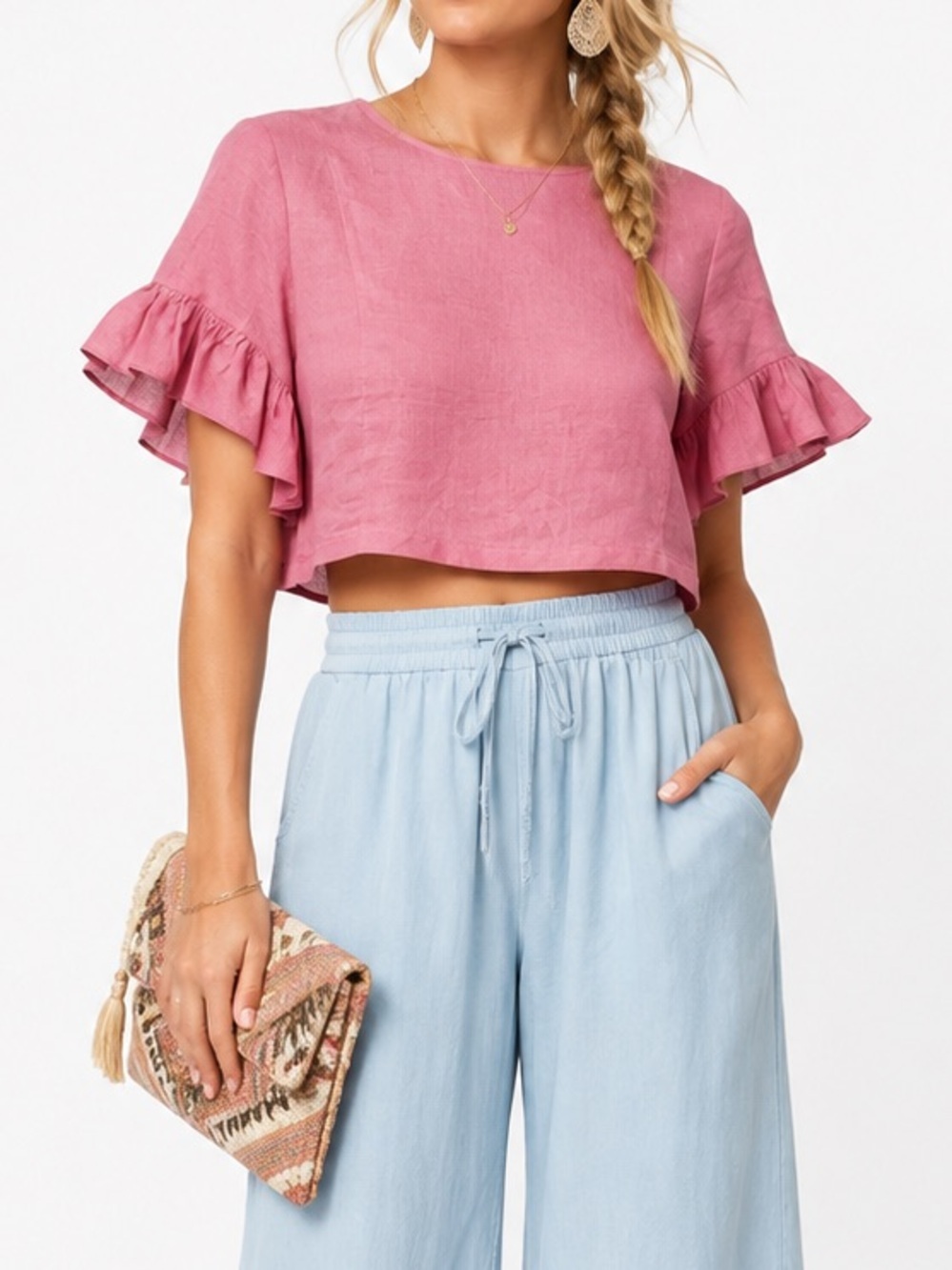 KARLIE PINK LINEN BLEND RUFFLE WHIMSICAL PINK CROP TOP SZ MED EUC